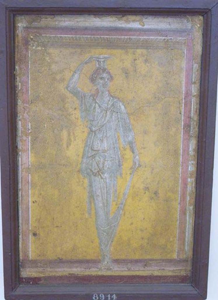 Stabiae, Villa Arianna, found 24th December 1760. 
Room E, painted panel of woman (caryatid).
Now in Naples Archaeological Museum. Inventory number 8914.
See Sampaolo V. and Bragantini I., Eds, 2009. La Pittura Pompeiana. Electa: Verona, p. 474-5.