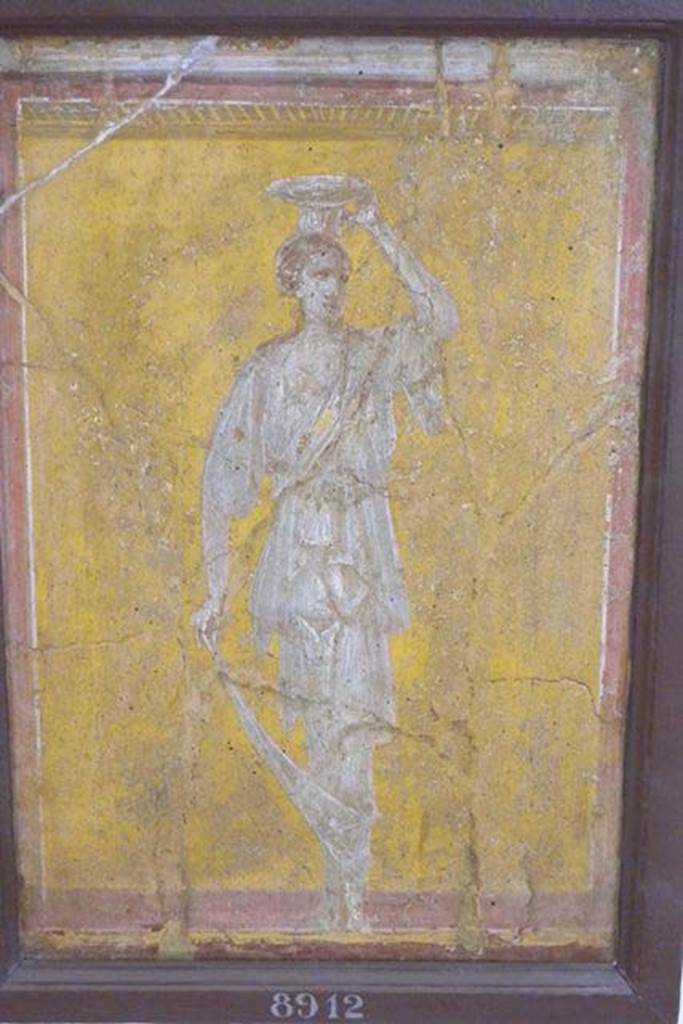 Stabiae, Villa Arianna, found 24th December 1760. 
Room E, painted panel of woman (caryatid).
Now in Naples Archaeological Museum. Inventory number 8912.
See Sampaolo V. and Bragantini I., Eds, 2009. La Pittura Pompeiana. Electa: Verona, p. 474-5.