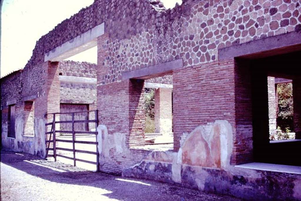 Stabiae, Villa Arianna, 1976. Looking south-east towards large entrance doorway to windowed exedra A. 
On each side of the summer triclinium were windowed sunken gardens. Photo by Stanley A. Jashemski.   
Source: The Wilhelmina and Stanley A. Jashemski archive in the University of Maryland Library, Special Collections (See collection page) and made available under the Creative Commons Attribution-Non Commercial License v.4. See Licence and use details.
J76f0523
