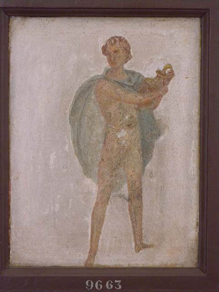 Stabiae, Villa Arianna, found 10th May 1760. Room 12, painting of a youth with vase.
Now in Naples Archaeological Museum. Inventory number 9663.
See Sampaolo V. and Bragantini I., Eds, 2009. La Pittura Pompeiana. Electa: Verona, p. 473. See Pagano, M. and Prisciandaro, R., 2006. Studio sulle provenienze degli oggetti rinvenuti negli scavi borbonici del regno di Napoli.  Naples: Nicola Longobardi, p. 246..