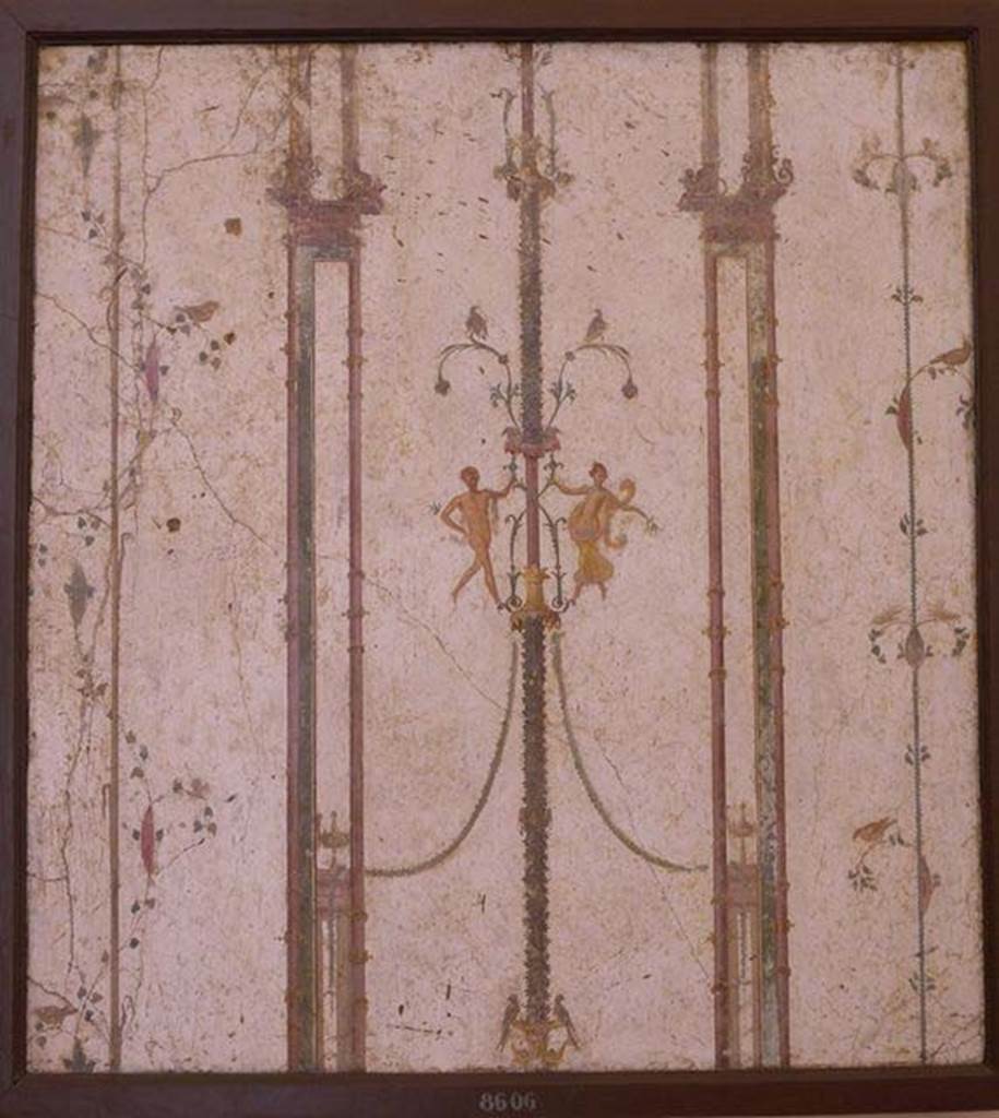 Stabiae, Villa Arianna, found 10th May 1760. Room 12, painting with flying figures.
Now in Naples Archaeological Museum. Inventory number 8606.
See Sampaolo V. and Bragantini I., Eds, 2009. La Pittura Pompeiana. Electa: Verona, p. 470.
See Pagano, M. and Prisciandaro, R., 2006. Studio sulle provenienze degli oggetti rinvenuti negli scavi borbonici del regno di Napoli.  Naples: Nicola Longobardi, p. 246 (shown as 8603).