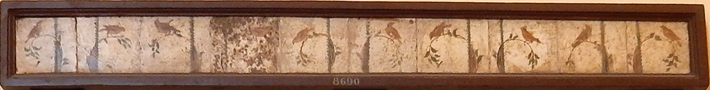 Stabiae, Villa Arianna, found 10th May 1760. Room 12, painting with birds. Photo courtesy of Buzz Ferebee.
Now in Naples Archaeological Museum. Inventory number 8690.
See Sampaolo V. and Bragantini I., Eds, 2009. La Pittura Pompeiana. Electa: Verona, p. 471.
See Pagano, M. and Prisciandaro, R., 2006. Studio sulle provenienze degli oggetti rinvenuti negli scavi borbonici del regno di Napoli. Naples: Nicola Longobardi, p. 246.