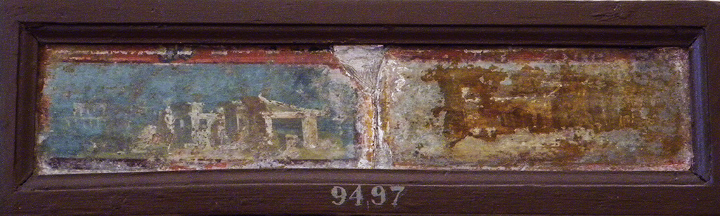 Stabiae, Villa Arianna, room 9 zoccolo, two architectural paintings.
Now in Naples Archaeological Museum. Inventory number 9497.
See Sampaolo V. and Bragantini I., Eds, 2009. La Pittura Pompeiana. Electa: Verona, p. 464.