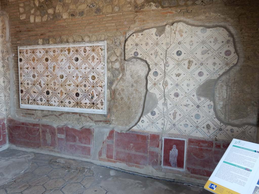 Stabiae, Villa Arianna, June 2019. 
Room 9, west wall showing extremely complex and painted decoration painted with great effect in IV Style. 
Photo courtesy of Buzz Ferebee.
According to the information card – this diaeta (a day-room or living room), with a window opening onto the Gulf, reveals a special mosaic wall decoration consisting of diamond shapes (rhombs), within which birds, flower, female figures, medallions and cupids alternate.
Largely removed in the 18th century, it was variously remounted in the Naples Museum, where it can be seen to this day.