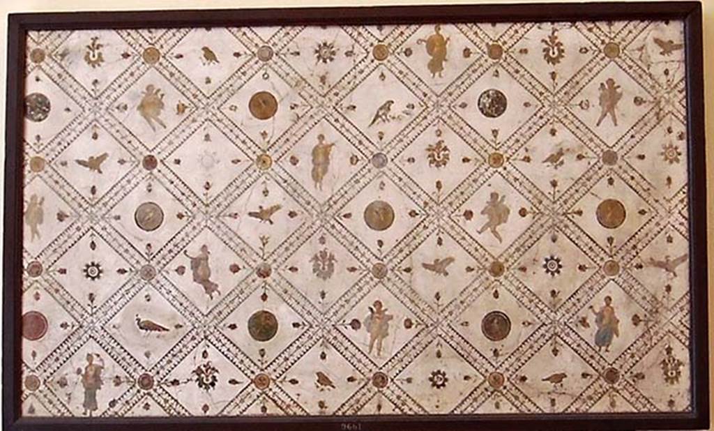 Stabiae, Villa Arianna. Found 22nd February 1760. Room 9, west wall, part of the extremely complex and painted decoration in IV Style.
Now in Naples Archaeological Museum. Inventory number 9661.
Also from this room are 9652, 9653, 9654, 9655 and 9656, each a diamond shape made up of four smaller diamonds containing figures.
See Sampaolo V. and Bragantini I., Eds, 2009. La Pittura Pompeiana. Electa: Verona, p. 460-1.
See Pagano, M. and Prisciandaro, R., 2006. Studio sulle provenienze degli oggetti rinvenuti negli scavi borbonici del regno di Napoli.  Naples: Nicola Longobardi, p. 245.