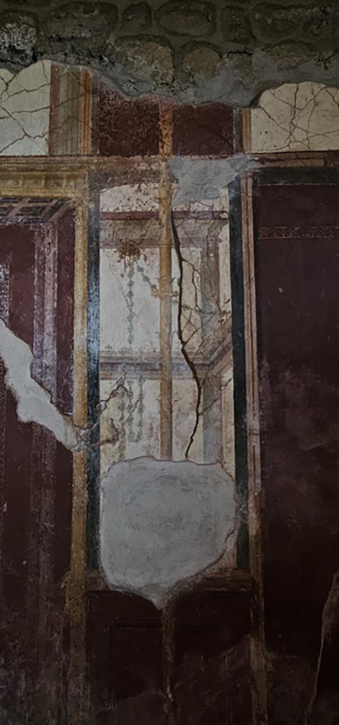 Stabiae, Villa Arianna, December 2023.
Room 5, detail of panel from south end of east wall. Photo courtesy of Miriam Colomer.