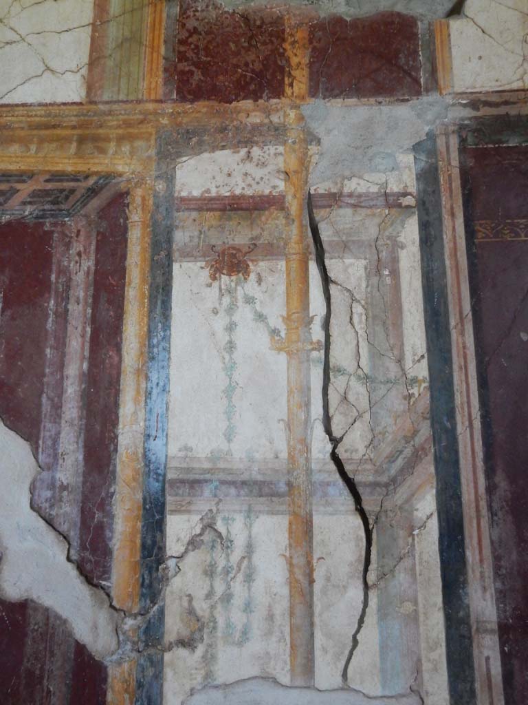 Stabiae, Villa Arianna, June 2019. Room 5, detail of panel from south end of east wall.
Photo courtesy of Buzz Ferebee.