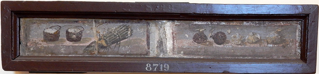 Stabiae, Villa Arianna, found 29th March 1760. Room 5, composite of two still life paintings.
On the left is a painting of two wicker baskets with ricotta or vegetables and asparagus.
On the right is a painting of pomegranates and apples in a row on a single shelf.
Now in Naples Archaeological Museum. Inventory number 8719.
According to Grasso, the remains of the white plaster at the sides of these paintings show that they from the architectural views at the side of a central panel.
See Sampaolo V. and Bragantini I., Eds, 2009. La Pittura Pompeiana. Electa: Verona, p. 468-9.
See Pagano, M. and Prisciandaro, R., 2006. Studio sulle provenienze degli oggetti rinvenuti negli scavi borbonici del regno di Napoli. Naples: Nicola Longobardi, p. 245.