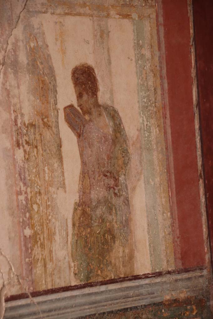 Stabiae, Villa Arianna, October 2020. 
Room 7, detail of painted figure from south end of east wall. Photo courtesy of Klaus Heese.