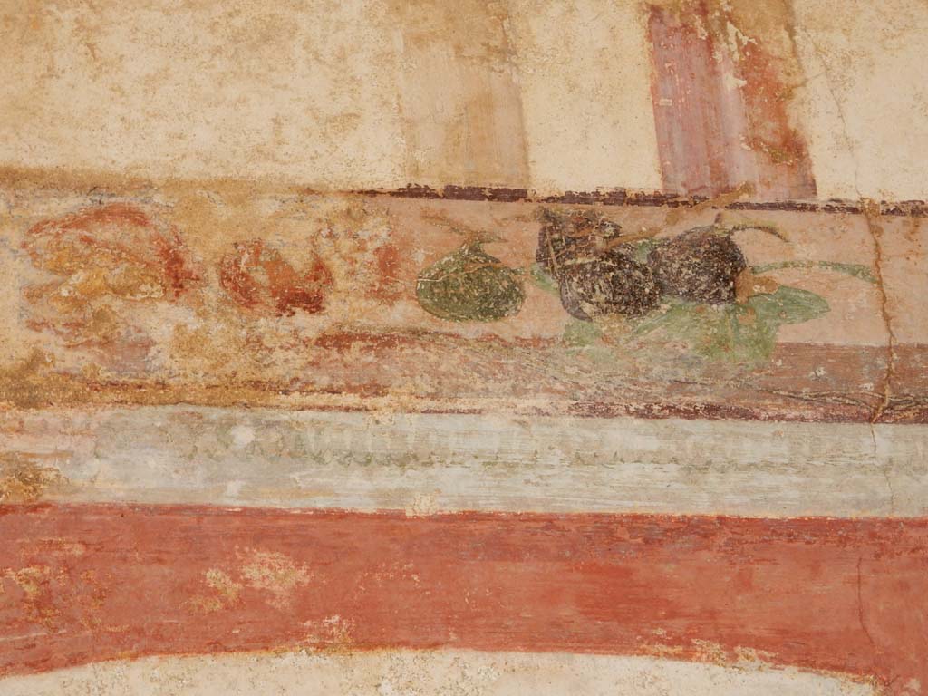 Stabiae, Villa Arianna, June 2019. Room 7, painted decoration from upper west end of south wall.  
Photo courtesy of Buzz Ferebee.