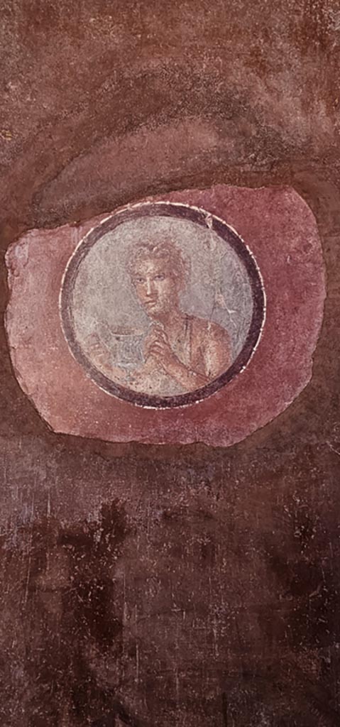 Stabiae, Villa Arianna, December 2023.
Room 7, copy of painted medallion of a young man from west end of south wall.
Photo courtesy of Miriam Colomer.