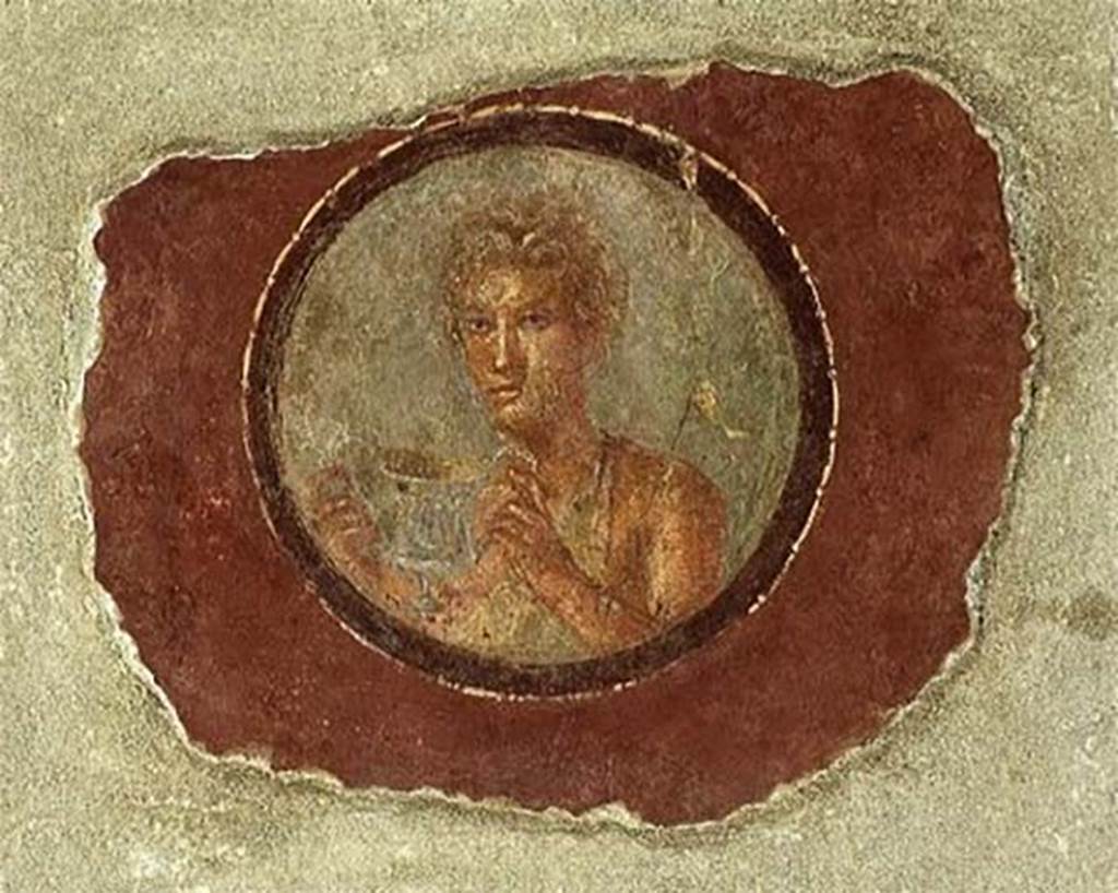 Stabiae, Villa Arianna, September 2015. Room 7, painted medallion of a young man from west end of south wall.
This original medallion of a young man was stolen in 1975 but recently recovered. 
See Camardo D., Ferrara A., Longobardi L., 1989. Stabiae: Le Ville. Castellamare di Stabia, no. 20, p. 31-2.
Stabia Antiquarium, inventory number 86726.