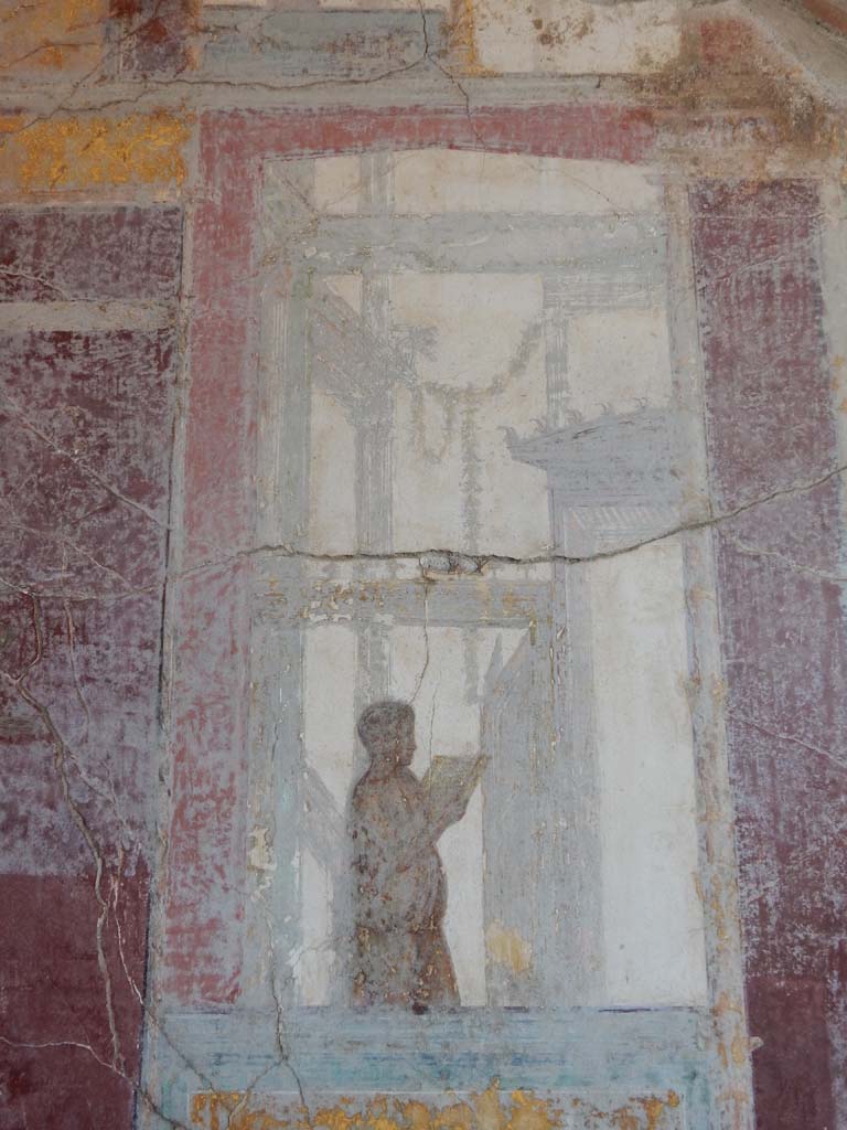 Stabiae, Villa Arianna, June 2019. Room 7, painted figure from south end of west wall. 
Photo courtesy of Buzz Ferebee.