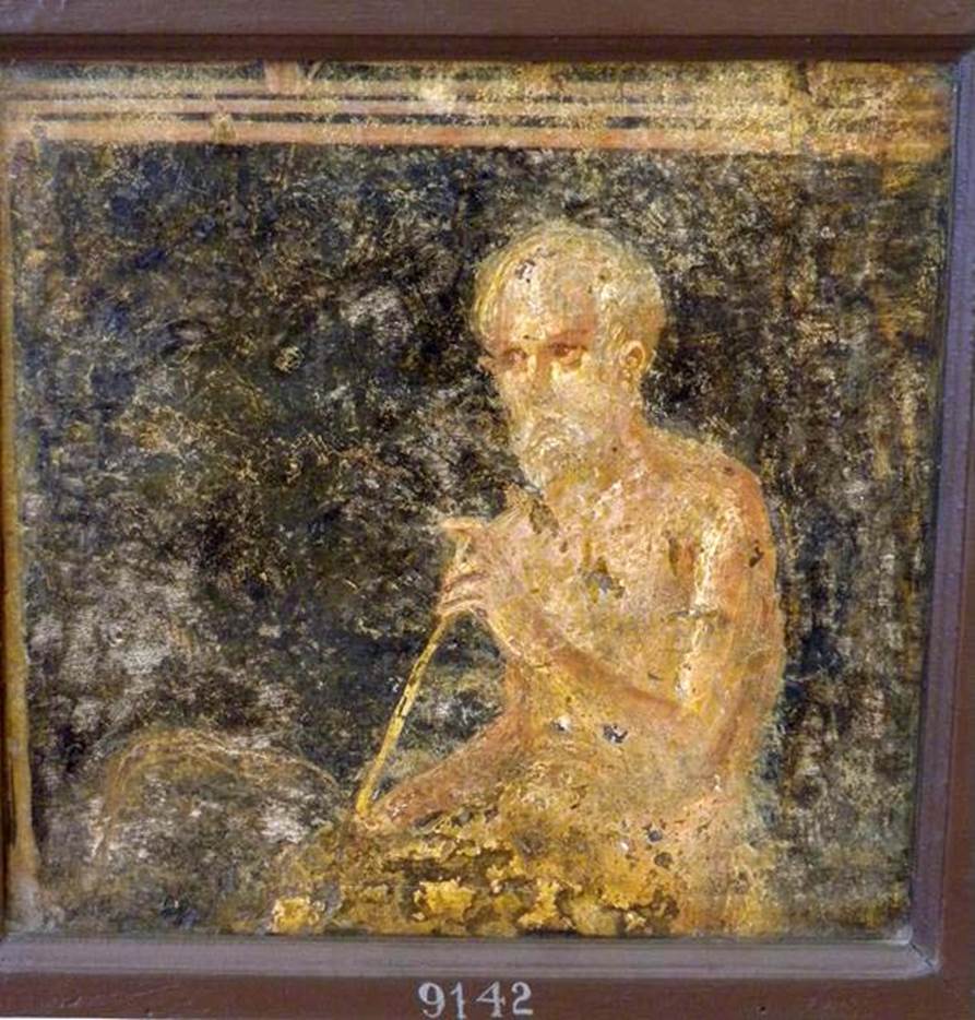 Stabiae, Villa Arianna, found 15th March 1760. Room 7, painting of a seated, older, bearded man.
According to Grasso, he is gazing at the woman in fresco 9097.
Now in Naples Archaeological Museum. Inventory number 9142.
See Sampaolo V. and Bragantini I., Eds, 2009. La Pittura Pompeiana. Electa: Verona, p. 457.
See Pagano, M. and Prisciandaro, R., 2006. Studio sulle provenienze degli oggetti rinvenuti negli scavi borbonici del regno di Napoli.  Naples: Nicola Longobardi, p. 245.