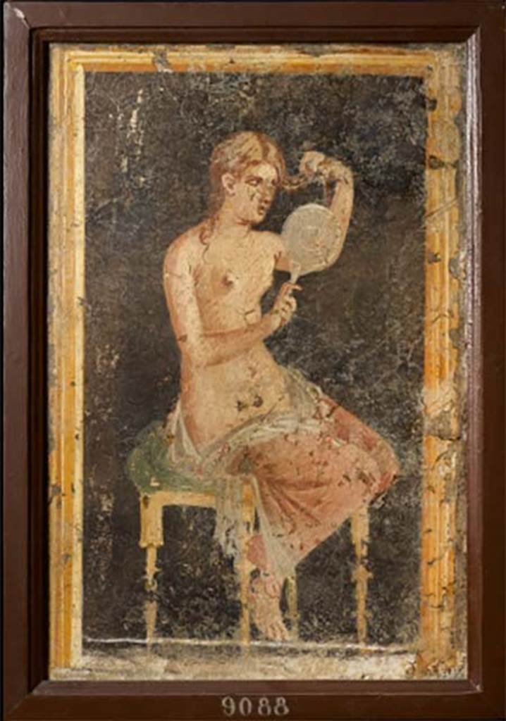 Stabiae, Villa Arianna, found 15th March 1760. Room 7, painting of a seated woman combing her hair.
Now in Naples Archaeological Museum. Inventory number 9088.
See Sampaolo V. and Bragantini I., Eds, 2009. La Pittura Pompeiana. Electa: Verona, p. 456.
See Pagano, M. and Prisciandaro, R., 2006. Studio sulle provenienze degli oggetti rinvenuti negli scavi borbonici del regno di Napoli.  Naples: Nicola Longobardi, p. 245.