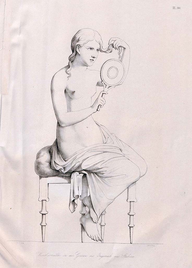 Stabiae, Villa Arianna, found 15th-17th March 1760. 
Room 7, pre-September 1859 drawing of painting by Zahn, of a seated woman sitting in front of a mirror and arranging her blonde hair.
According to Zahn, this may be “the toilette of Venus”. 
He described - the background of the painting is black, the seat is of gold, the drapery which only covered her legs is of a clear red with a white edge; the cushion is green and the mirror is of a white silver.
Now in Naples Archaeological Museum. Inventory number 9088.
See Zahn, W., 1852-59. Die schönsten Ornamente und merkwürdigsten Gemälde aus Pompeji, Herkulanum und Stabiae: III. Berlin: Reimer, taf. 100.