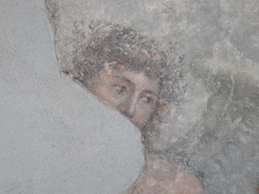 Stabiae, Villa Arianna, June 2019. Room 3, detail from painting on south wall, with enlargement of the face of Dionysus. 
Photo courtesy of Buzz Ferebee.