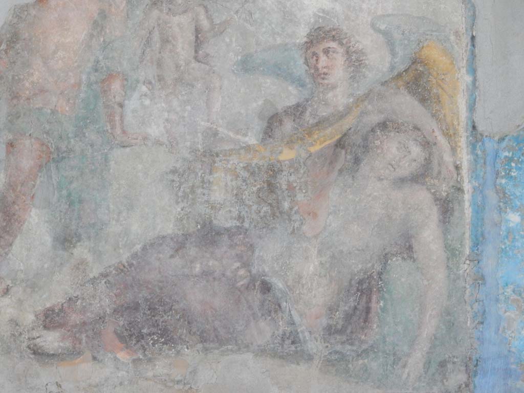 Stabiae, Villa Arianna, June 2019. Room 3, detail from painting on south wall, showing Ariadne sleeping.
Photo courtesy of Buzz Ferebee.