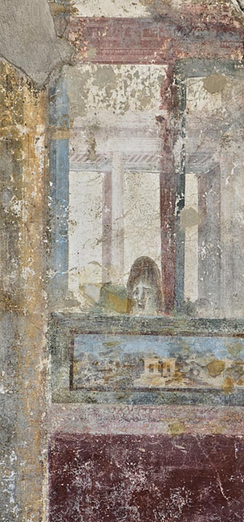 Stabiae, Villa Arianna, December 2023.
Room 3, detail of painted panels from west end of south wall. 
Photo courtesy of Miriam Colomer.