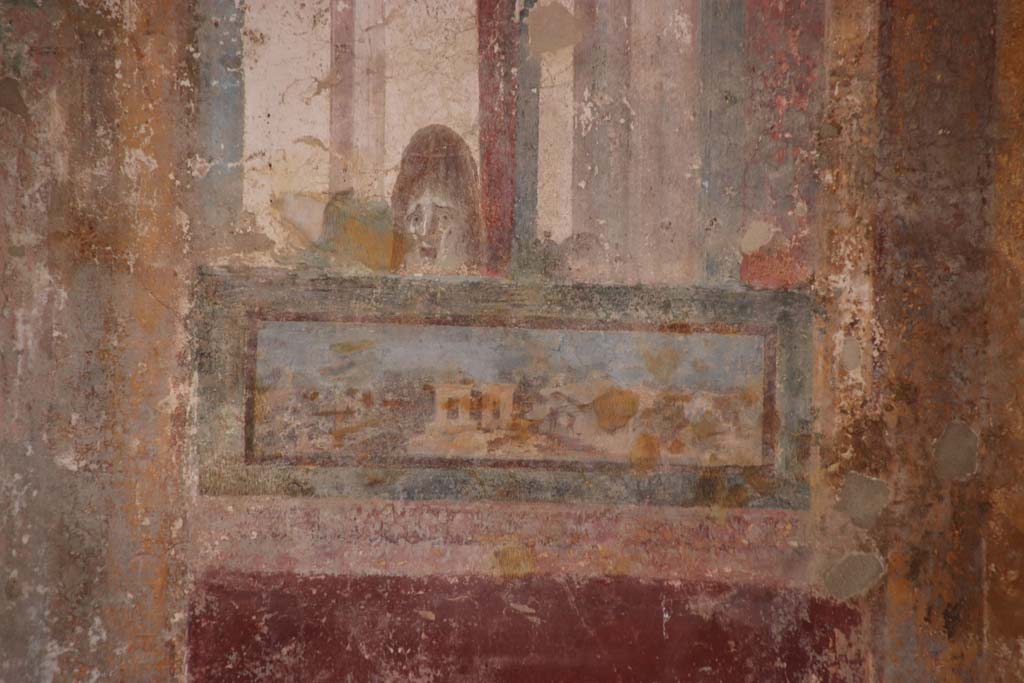 Stabiae, Villa Arianna, October 2020.  
Room 3, painted panel from below mask painting on west end of south wall. Photo courtesy of Klaus Heese.