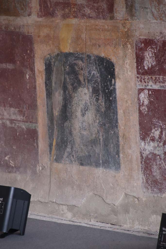 Stabiae, Villa Arianna, September 2021.  
Room 3, detail of painted figure on zoccolo at south end of west wall. Photo courtesy of Klaus Heese.