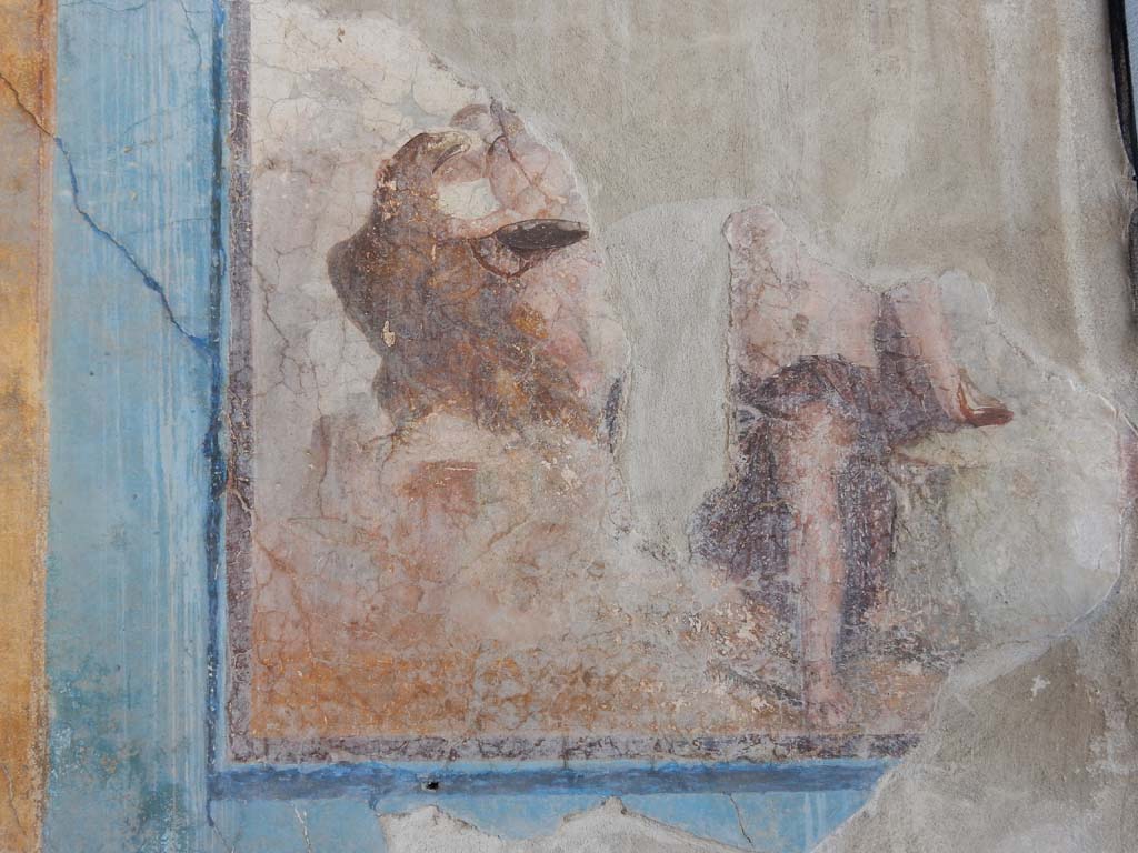Stabiae, Villa Arianna, June 2019. Room 3, west wall, detail of painting of Zeus in the guise of an eagle abducting Ganymede. 
Photo courtesy of Buzz Ferebee.