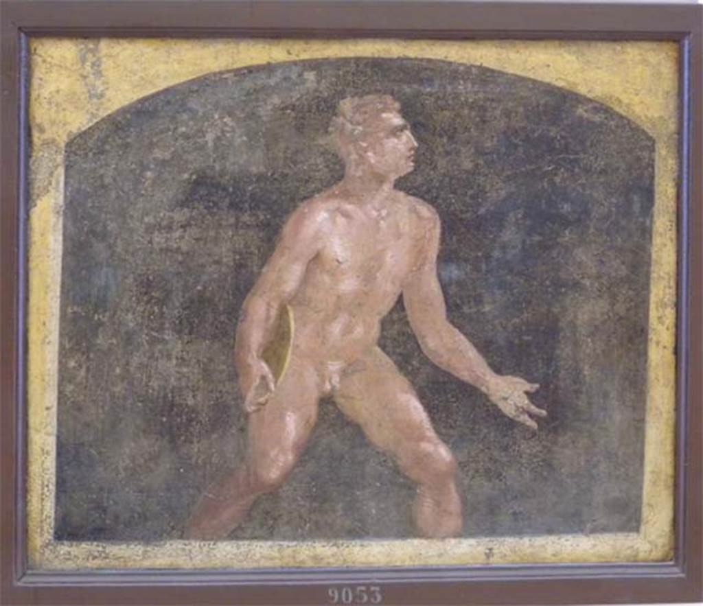 Stabiae, Villa Arianna, found 4th April 1760. Ante camera to room 3, zoccolo, painting of discus thrower.
Now in Naples Archaeological Museum. Inventory number 9053. 
See Pagano, M. and Prisciandaro, R., 2006. Studio sulle provenienze degli oggetti rinvenuti negli scavi borbonici del regno di Napoli.  Naples: Nicola Longobardi, p. 245.
See Sampaolo V. and Bragantini I., Eds, 2009. La Pittura Pompeiana. Electa: Verona, p. 450.