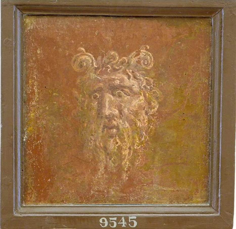 Stabiae, Villa Arianna, found 5th April 1760. Ante camera to room 3, painting of Zeus Ammon.
Now in Naples Archaeological Museum. Inventory number 9545. 
See Pagano, M. and Prisciandaro, R., 2006. Studio sulle provenienze degli oggetti rinvenuti negli scavi borbonici del regno di Napoli.  Naples: Nicola Longobardi, p. 245.
See Sampaolo V. and Bragantini I., Eds, 2009. La Pittura Pompeiana. Electa: Verona, p. 450.