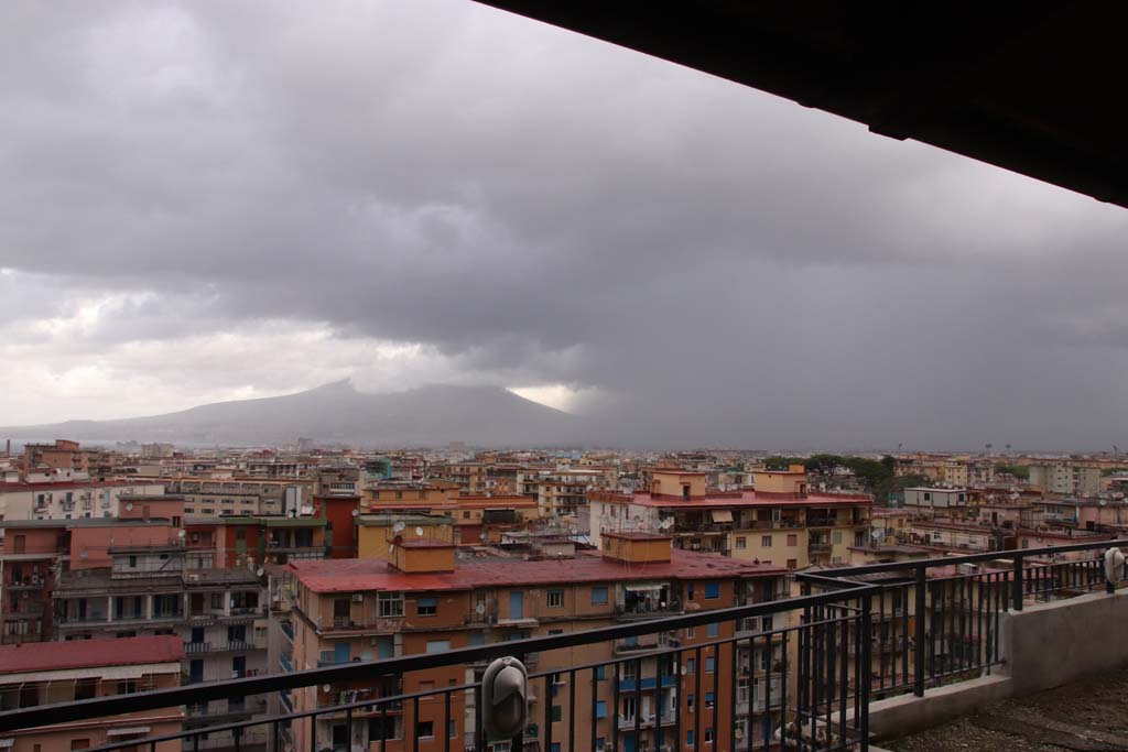 Stabiae, Villa Arianna, October 2020. Looking towards Vesuvius, across Castellamare di Stabia, from terrace at north side of rooms 1, 2 and 3. 
Photo courtesy of Klaus Heese.