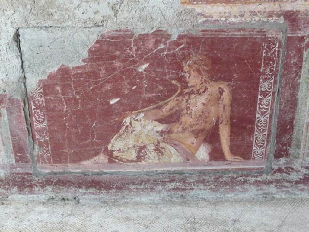 Stabiae, Villa Arianna, May 2010. Room 2, detail of painted panel on east wall in the south-east corner. Photo courtesy of Buzz Ferebee.