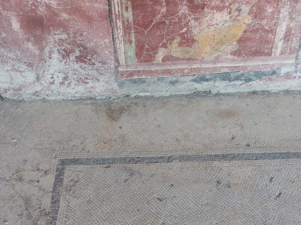 Stabiae, Villa Arianna, June 2019. Room 2, detail of painted panel on south wall and mosaic flooring, 
Photo courtesy of Buzz Ferebee.