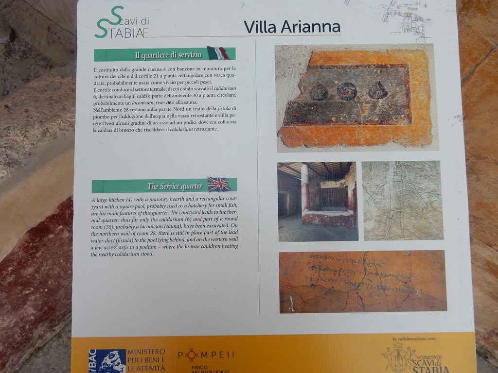 Stabiae, Villa Arianna, June 2019. Room 21, descriptive card near west wall. Photo courtesy of Buzz Ferebee.