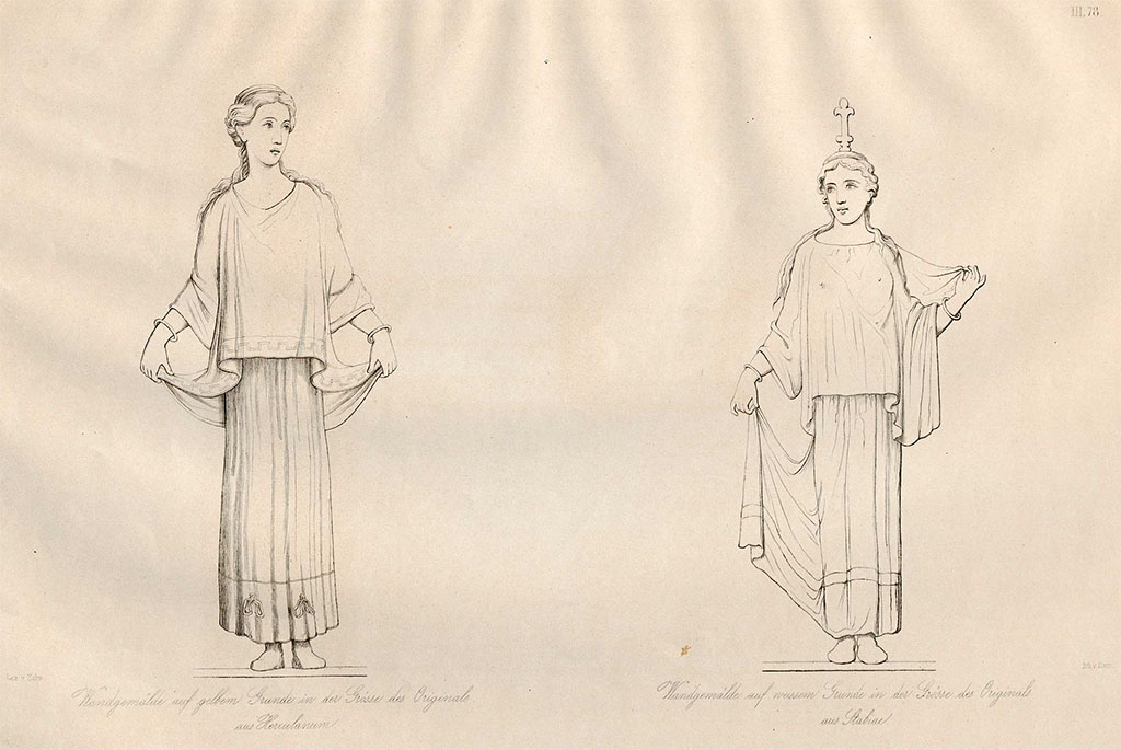 Stabiae, Villa Arianna, found 16th June 1759. Room W.28, drawing by Zahn showing a woman lifting the hem of her cloak, on left.
According to Zahn –
this drawing (drawn in Naples Museum, pre- November 1856) of the woman on a yellow background was from Herculaneum.
According to Grasso, Naples Museum and Pagano & Prisciandaro, above, this figure was found in Room W.28 of Villa Arianna.
Original fresco now in Naples Archaeological Museum, inventory number 8840.
The figure on the right, according to Zahn, was from Villa Arianna, room W.24 on a white background, found 16th July 1759.
Original fresco now in Naples Archaeological Museum, inventory number 8910.
See Zahn, W., 1828-29. Die schönsten Ornamente und merkwürdigsten Gemälde aus Pompeji, Herkulanum und Stabiae: I. Berlin: Reimer, taf. LXXVIII (no.78).