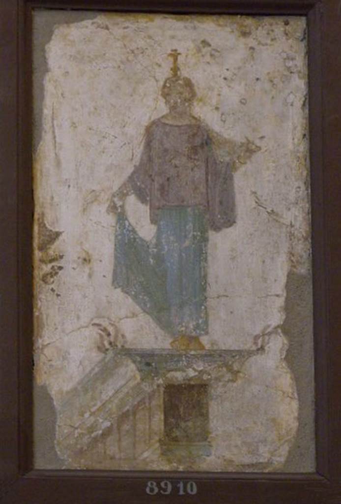 Stabiae, Villa Arianna, found 16th July 1759. Room W.24, fresco showing a woman lifting the hem of her cloak.
Now in Naples Archaeological Museum. Inventory number 8910.