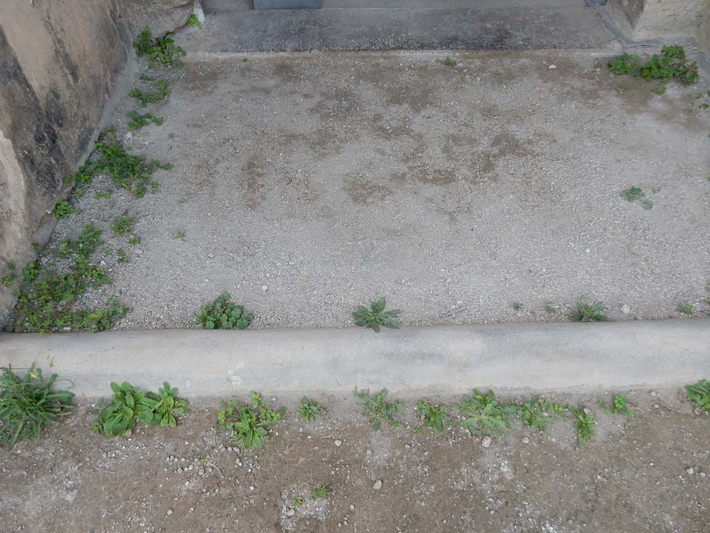 Stabiae, Villa Arianna, June 2019. Room 24, vestibule flooring. Photo courtesy of Buzz Ferebee.
According to Gardelli and Ariano –
“In the years 2010-2013, the extension of the cleaning works along the north-west side of the square peristyle has further highlighted the presence of a cut (2.30 x 1.28m) visible at floor level inside the vestibule (46) in front of the atrium of Villa Arianna. ………….
(Note: we number this vestibule, above, as part of room 24, the atrium).
Here, on 15 September 1761, four years after the discovery of the mosaic of room 27, the threshold in opus tessellatum was identified inside the vestibule, on which the word SALVE was clearly legible. …………”
See Gardelli, P., and Ariano, C. Two lesser-known mosaic floors from the 18th Century excavations of Villa Arianna at Stabia. (p.139-142).