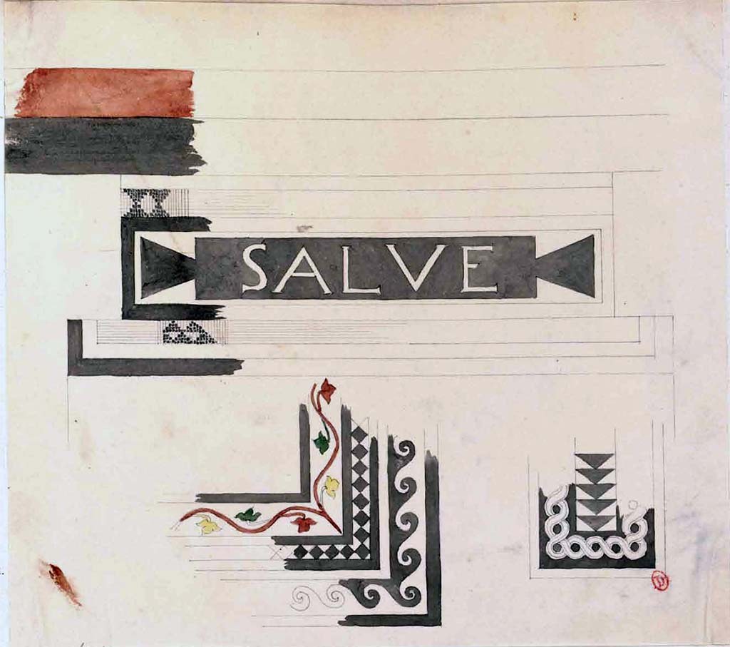 VI.1.25 Pompeii. 1826. Sketches of details of mosaics from the entrance and atrium of the House of Salve.
See Poirot, P. A., 1826. Carnets de dessins de Pierre-Achille Poirot. Tome 2 : Pompeia, pl. 73.
See Book on INHA  Document placé sous « Licence Ouverte / Open Licence » Etalab 
Indeed, the mosaic floor from Pompeii is completely different from the one found in Stabiae as the auspicious inscription (CIL X 873b) is made with 
white tesserae arranged on a tabula ansata made with black tesserae.