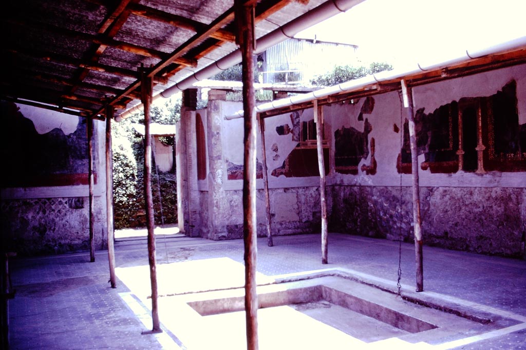 Stabiae, Villa Arianna, 1976. Room 24, looking towards south-west corner of atrium. Photo by Stanley A. Jashemski. 
Behind the wall in the south-west corner would be Room 44.
Source: The Wilhelmina and Stanley A. Jashemski archive in the University of Maryland Library, Special Collections (See collection page) and made available under the Creative Commons Attribution-Non Commercial License v.4. See Licence and use details.
J76f0524