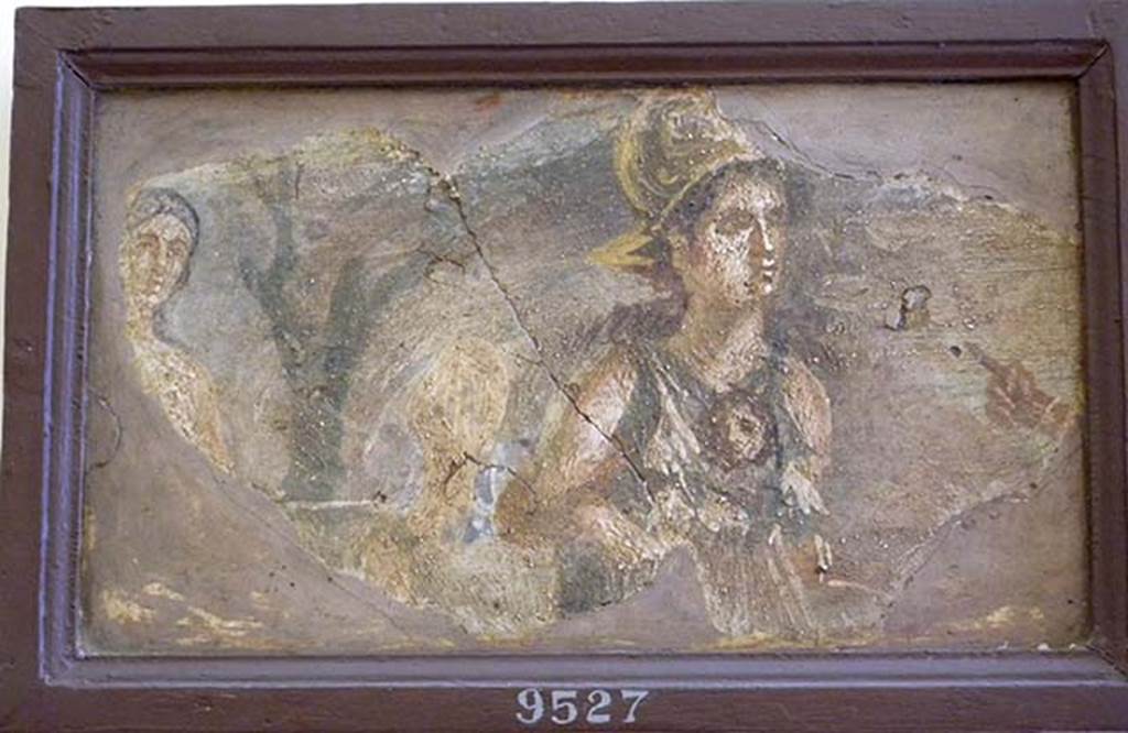 Stabiae, Villa Arianna, found 18th September 1761. Atrium, wall painting of Athena/Minerva.
Now in Naples Archaeological Museum. Inventory number 9527. 
See Sampaolo V. and Bragantini I., Eds, 2009. La Pittura Pompeiana. Electa: Verona, p. 445.