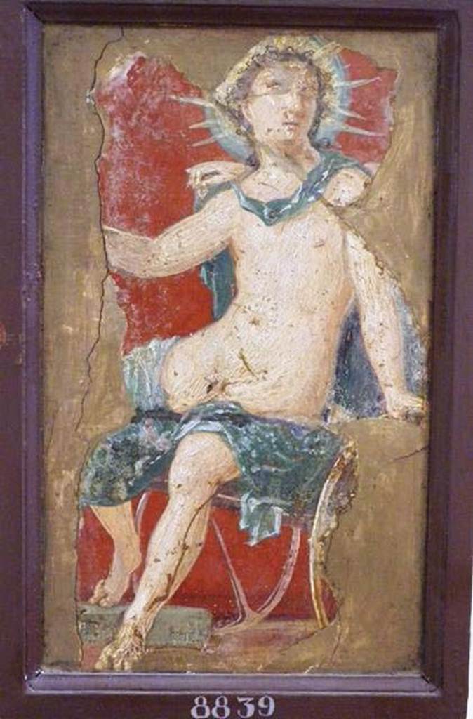Stabiae, Villa Arianna, found 18th September 1761. Atrium, wall painting of Helios?
Now in Naples Archaeological Museum. Inventory number 8839.
See Sampaolo V. and Bragantini I., Eds, 2009. La Pittura Pompeiana. Electa: Verona, p. 441.