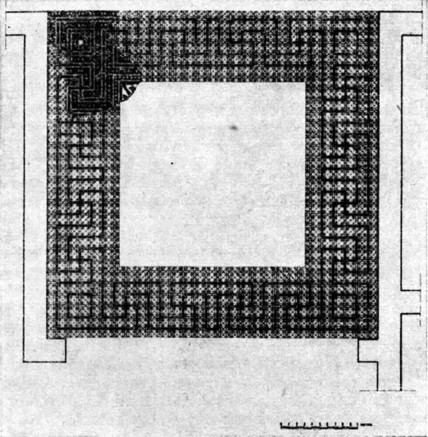 Stabiae, Villa Arianna, Room 18, plan of the tablinum - Graphic reconstruction of the sinopia with mosaic fragment overlaid.
See Bollettino d’Arte 1973 Fasc. I. Robotti C, Una sinopia musiva pavimentale a Stabia (p.44, fig. 5)