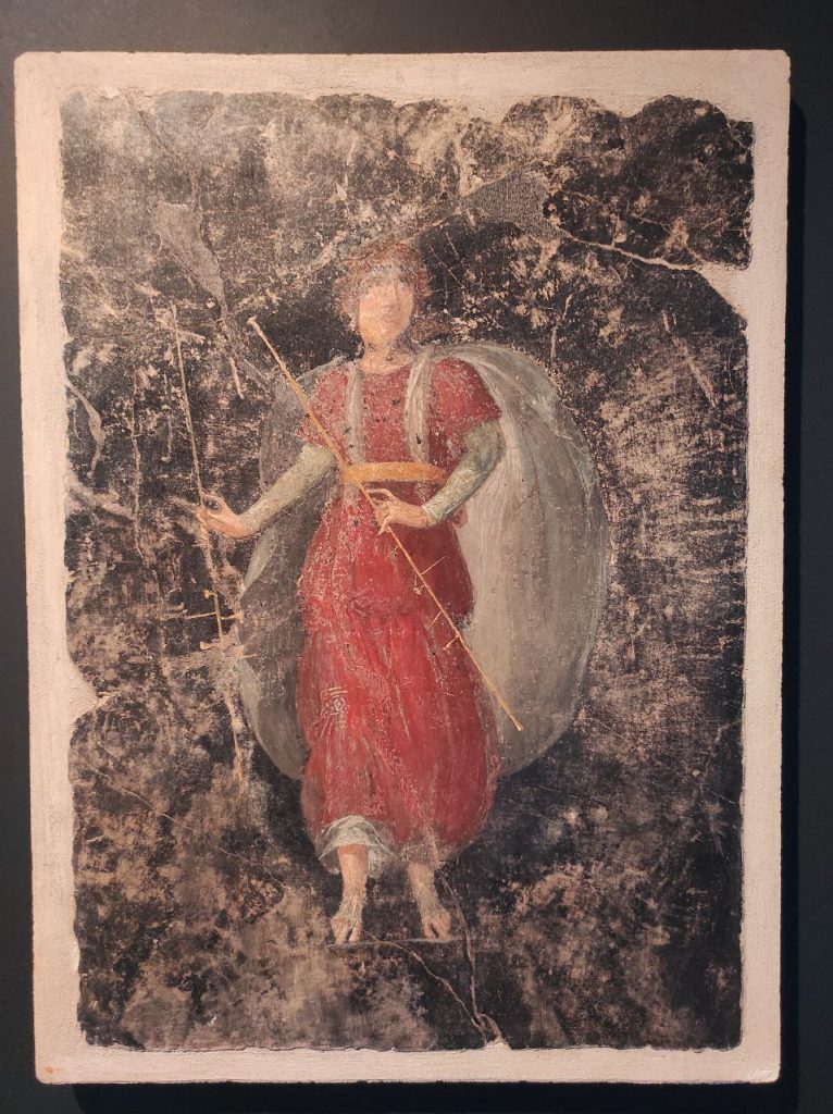 Stabiae, Villa Arianna, 
Room 42, painted panel of female tibia player in red tunic with white cloak and with two pipes.
Stabia Antiquarium inv. 64190.