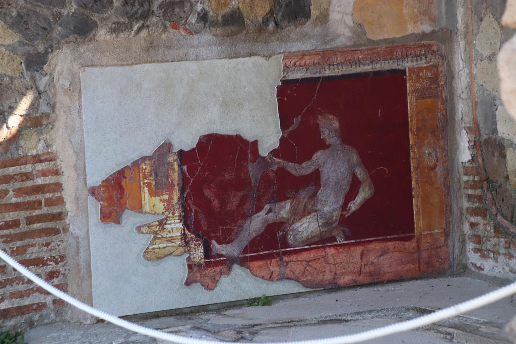 Stabiae, Villa Arianna, October 2022. 
Room 17, detail of painted zoccolo on east wall in south-east corner. Photo courtesy of Klaus Heese.
This painting is described as a “Crouching male with serpent”, height 95cm x 1.13m width (37” x 45 inches).
A nude male figure, in a most precarious position, is shown half-kneeling as if recoiling from the advance of a serpent. 
On his right outstretched leg, a live serpent tightens its grip around the man’s bare flesh. With a staff in his left arm, it is supposed that he is charming or controlling the serpent. This depiction of man versus beast would have been seen with strong sexual undertones in the villas at Stabiae. An identical fresco was found on the west wall in the south-west corner of the same room.