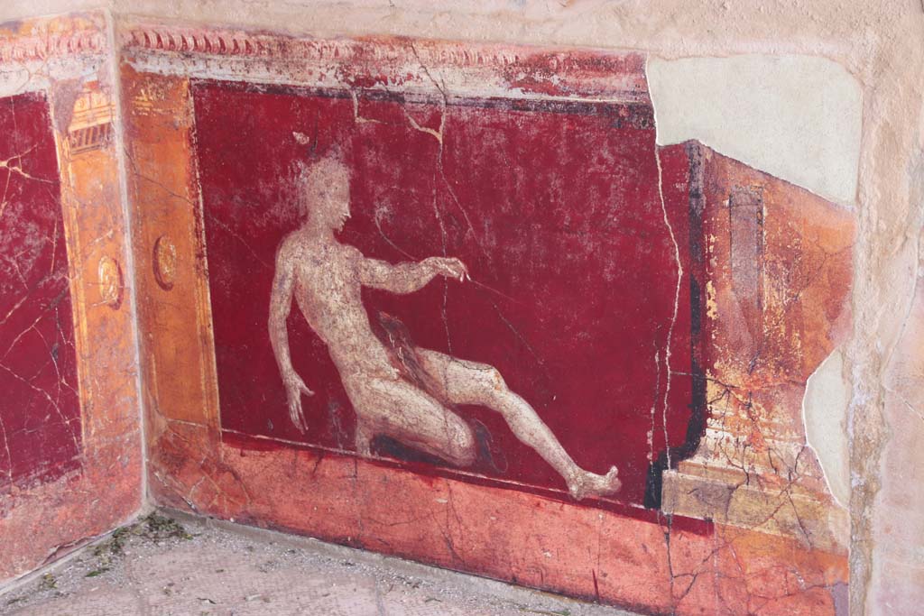Stabiae, Villa Arianna, September 2021. 
Room 17, detail of painted figure from west wall in south-west corner. Photo courtesy of Klaus Heese.
This painting is described as a “Crouching male with serpent”, height 95cm x 1.13m width (37” x 45 inches).
A nude male figure, in a most precarious position, is shown half-kneeling as if recoiling from the advance of a serpent. 
On his left outstretched leg, a live serpent tightens its grip around the man’s bare flesh. With a staff in his left arm, it is supposed that he is charming or controlling the serpent. This depiction of man versus beast would have been seen with strong sexual undertones in the villas at Stabiae. An identical fresco was found on the east wall in the south-east corner of the same room.