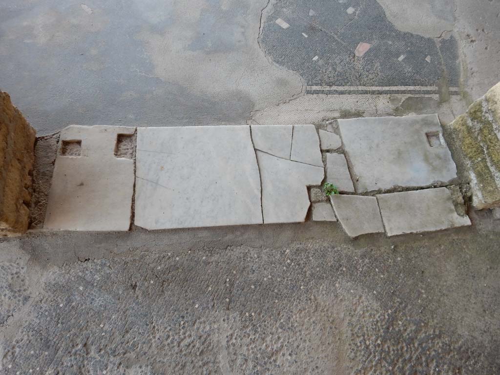 Stabiae, Villa Arianna, June 2019. Room 40, doorway threshold between room 34, top, and room 40, below.
Photo courtesy of Buzz Ferebee.