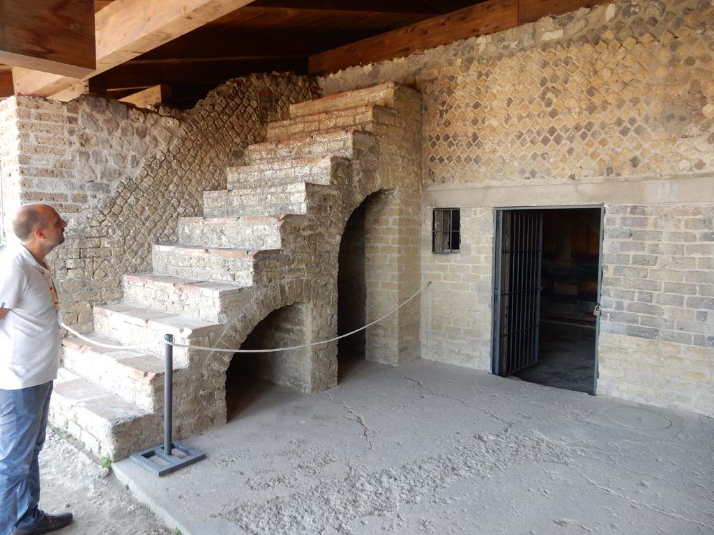 Stabiae, Villa Arianna, June 2019. Room 34, looking east towards the steps to the upper floor, and open doorway to room 39.
Photo courtesy of Buzz Ferebee.