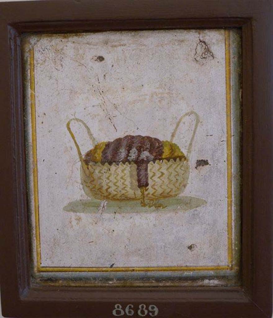 Stabiae, Villa Arianna, found 22nd July 1758. Room W.15. Painting of a basket with high handles containing a spindle and wool.
Now in Naples Archaeological Museum. Inventory number 8689.
See Pagano, M. and Prisciandaro, R., 2006. Studio sulle provenienze degli oggetti rinvenuti negli scavi borbonici del regno di Napoli.  Naples: Nicola Longobardi, p. 242. 
See Sampaolo V. and Bragantini I., Eds, 2009. La Pittura Pompeiana. Electa: Verona, p. 491.