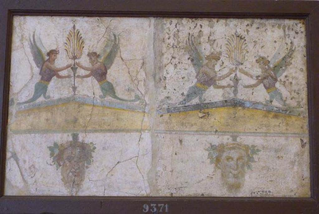 Stabiae, Villa Arianna, found 16th July 1759. Room W.24. 
Two separate fragments of wall painting, each with winged figures above a yellow gable below which is a satyr mask.
Now in Naples Archaeological Museum. Inventory number 9371.
See Sampaolo V. and Bragantini I., Eds, 2009. La Pittura Pompeiana. Electa: Verona, p. 485.
See Pagano, M. and Prisciandaro, R., 2006. Studio sulle provenienze degli oggetti rinvenuti negli scavi borbonici del regno di Napoli.  Naples: Nicola Longobardi, p. 243.