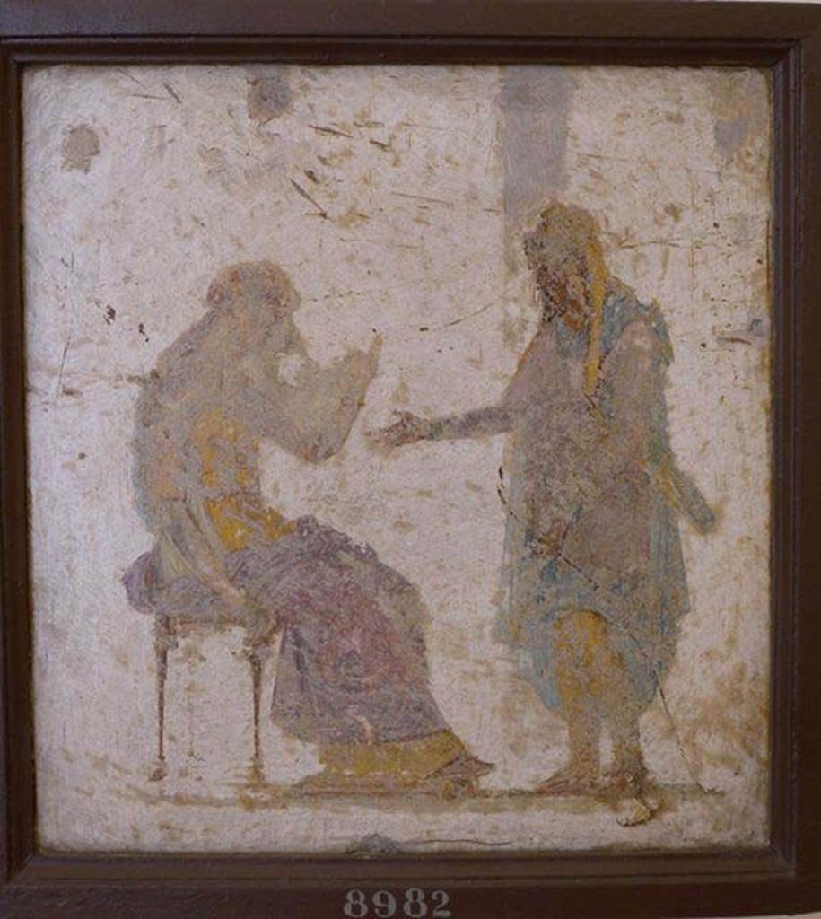 Stabiae, Villa Arianna, found 16th July 1759. Room W.24. 
Wall painting of Paris and Helen.
Now in Naples Archaeological Museum. Inventory number 8982.
See Sampaolo V. and Bragantini I., Eds, 2009. La Pittura Pompeiana. Electa: Verona, p. 483.
See Pagano, M. and Prisciandaro, R., 2006. Studio sulle provenienze degli oggetti rinvenuti negli scavi borbonici del regno di Napoli.  Naples: Nicola Longobardi, p. 243.