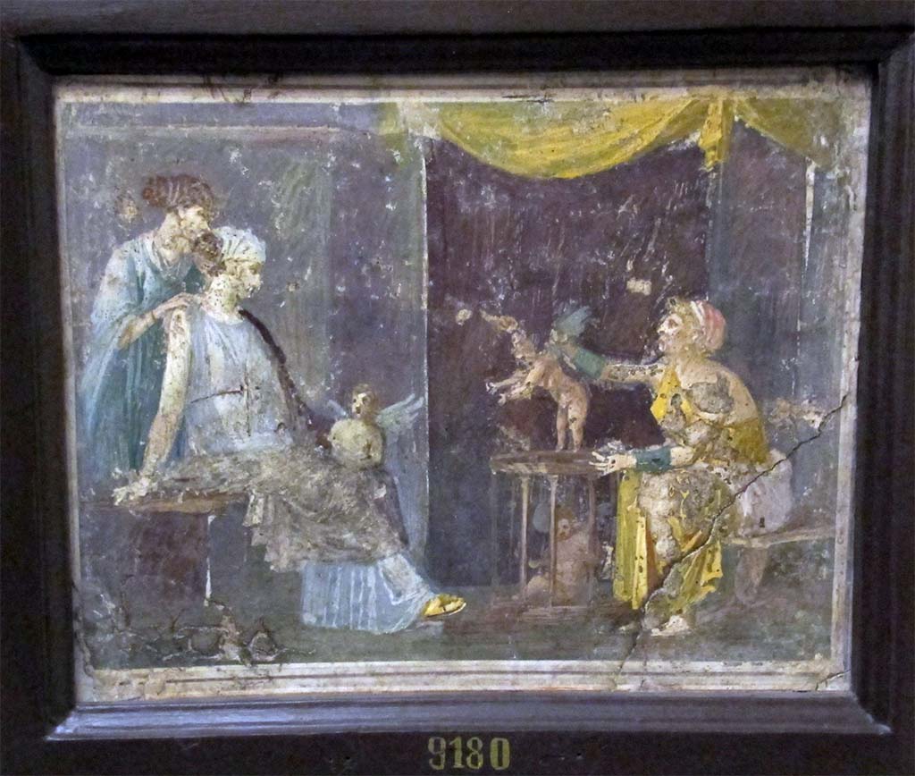 Stabiae, Villa Arianna, 16th June 1759. Room W.25. Wall painting of three women with three cupids.
Now in Naples Archaeological Museum, inventory number 9180.
According to Prisciandaro & Pagano, this was found together with another, of priests and priestesses, inventory number 8972.
See Pagano, M. and Prisciandaro, R., 2006. Studio sulle provenienze degli oggetti rinvenuti negli scavi borbonici del regno di Napoli. Naples: Nicola Longobardi. (p.242)