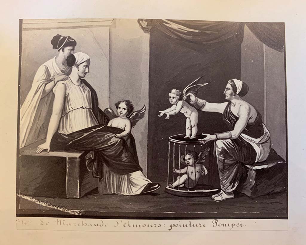 Stabiae, Villa Arianna. From an album of Michele Amodio dated 1874, entitled “Pompei, destroyed on 23 November 79, discovered in 1745”. 
Fresco of the “Cupid Seller”.  Now in Naples Archaeological Museum: inventory number 9180. 
Photo courtesy of Rick Bauer.